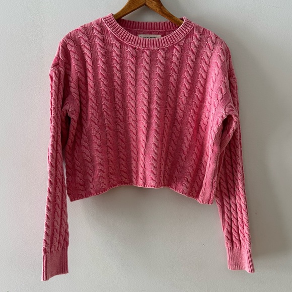 Lucky Brand‎ Cable Knit Sweater, Sz XS, Pink Cotton Cropped Long Sleeve Retro - Picture 1 of 10
